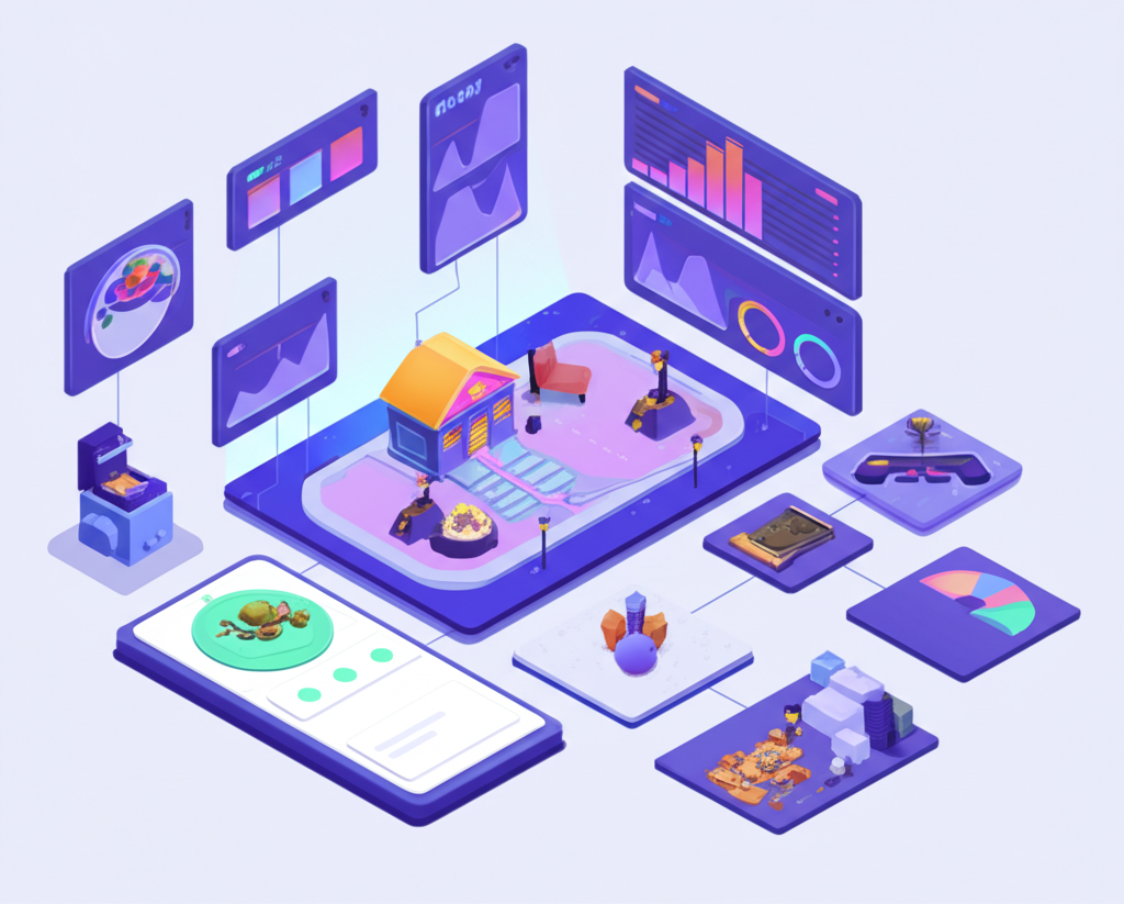 An isometric view of the LootKit dashboard showing game analytics, player data, and backend management tools